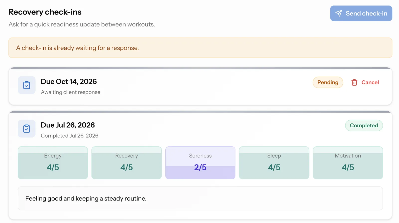 Recovery check-ins with a pending request and a completed check-in scoring energy, recovery, soreness, sleep, and motivation, with the client’s comment