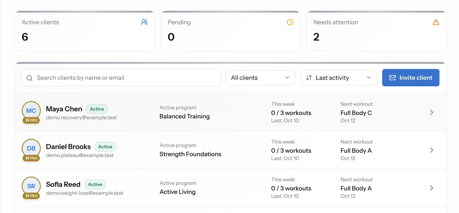 Coach App client list with client counts, search and filters, the invite client action, and each client’s active program, workouts this week, and next workout