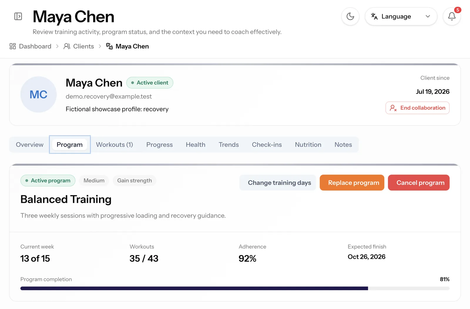 Client workspace for Maya Chen on the Program tab, showing the active program, current week, workouts completed, adherence, and program completion