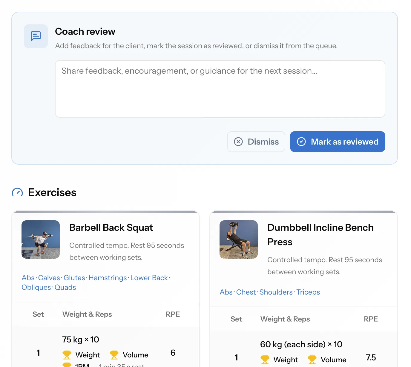 Workout review with the coach feedback panel, mark as reviewed action, and logged exercises with sets, weights, reps, RPE, and personal record badges